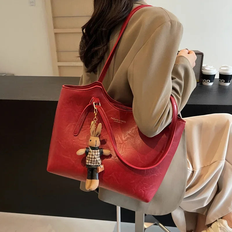 Large Vegan Leather Shoulder Bag with Detachable Charm