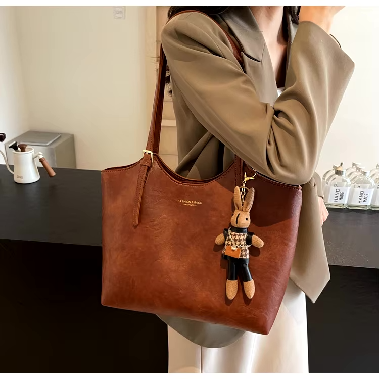 Large Vegan Leather Shoulder Bag with Detachable Charm
