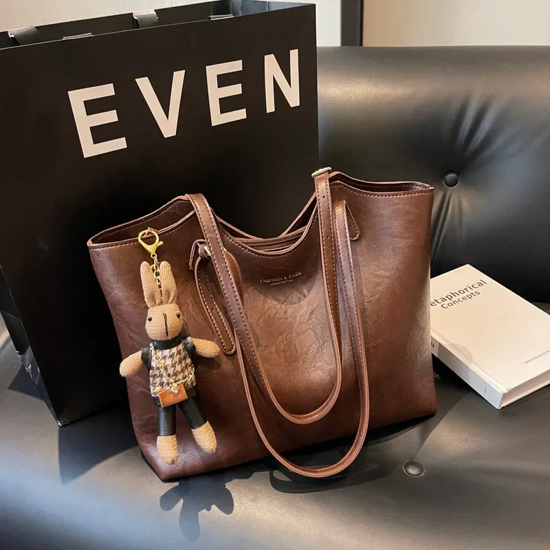 Large Vegan Leather Shoulder Bag with Detachable Charm