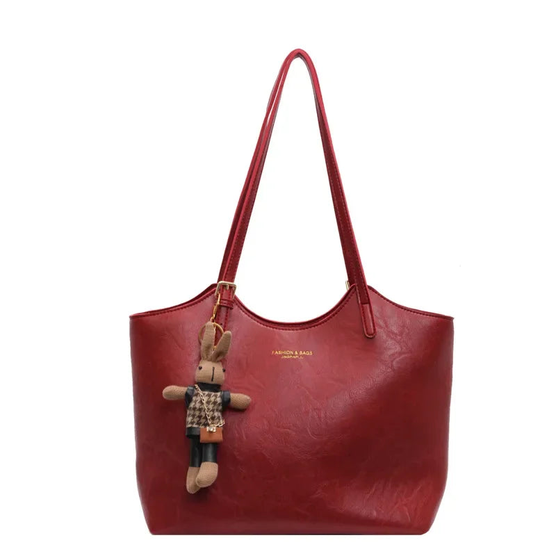 Large Vegan Leather Shoulder Bag with Detachable Charm