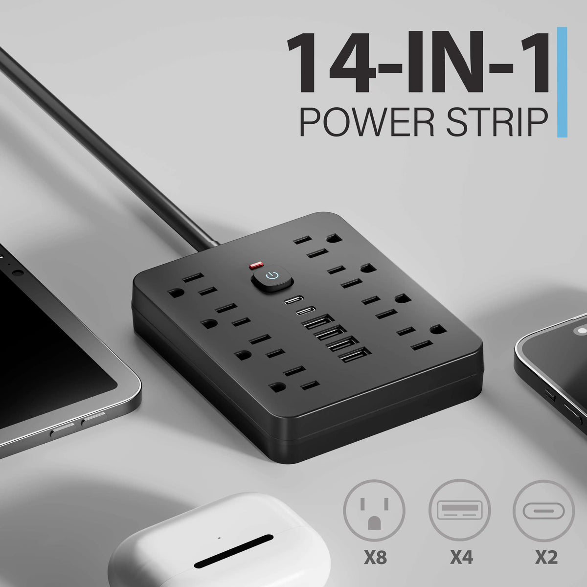 14-in-1 Power Outlet with Surge Protector and USB Ports