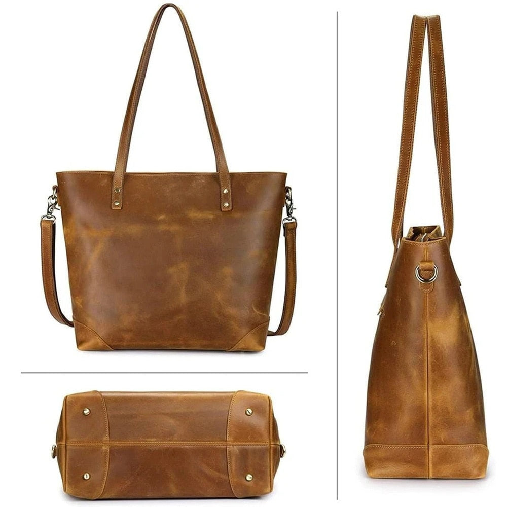 Vintage Leather Tote Bag with Adjustable Strap