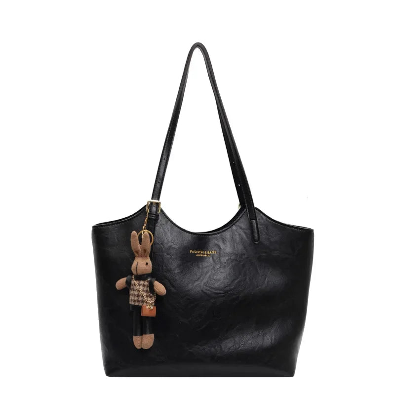 Large Vegan Leather Shoulder Bag with Detachable Charm