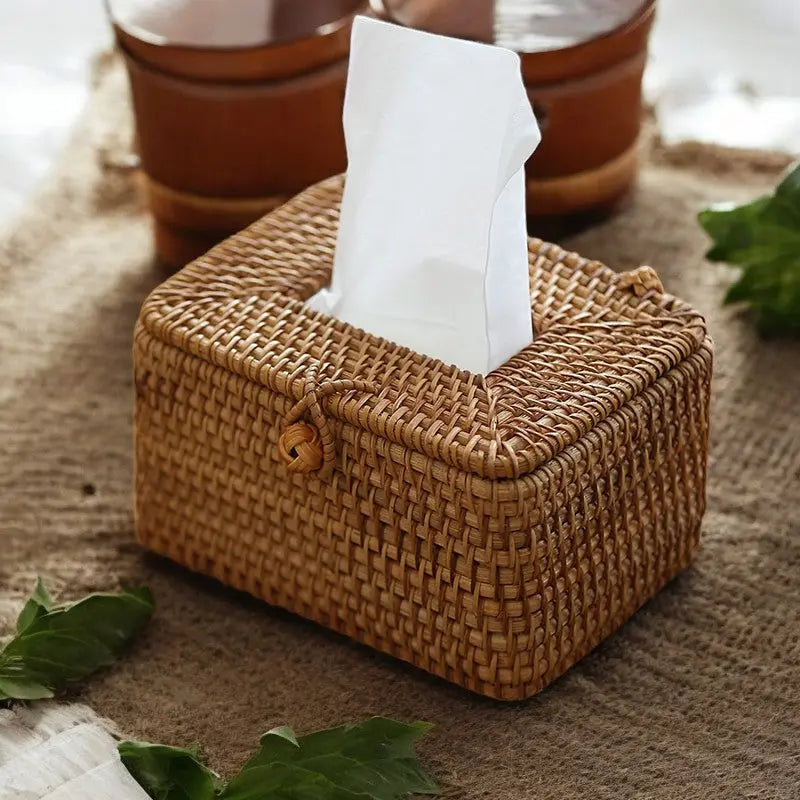 Handwoven Rattan Tissue Box Cover - Paper Towel Organizer