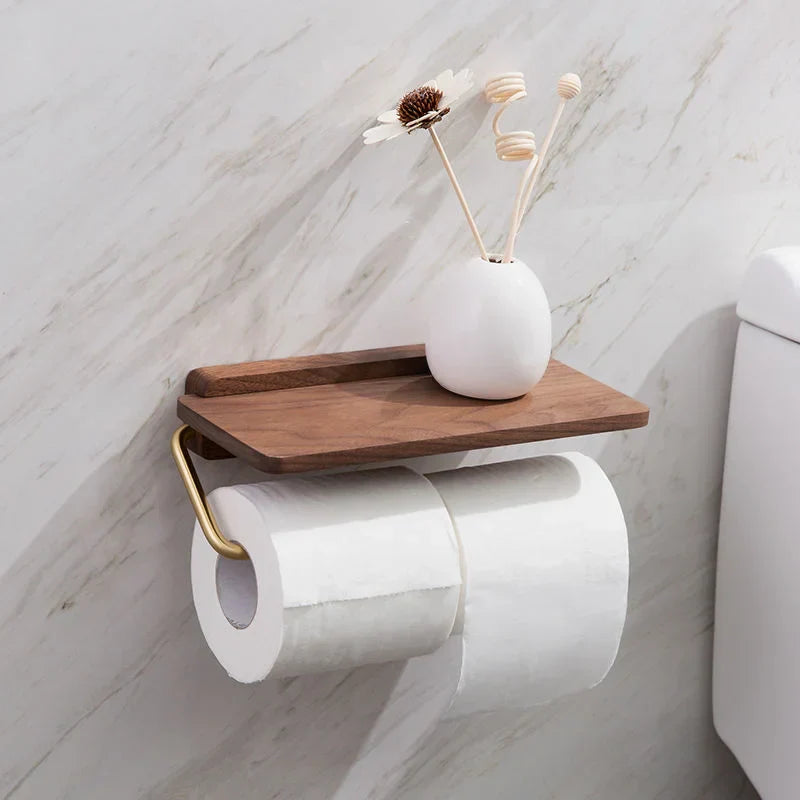 Walnut and Brass Toilet Roll Holder with Shelf