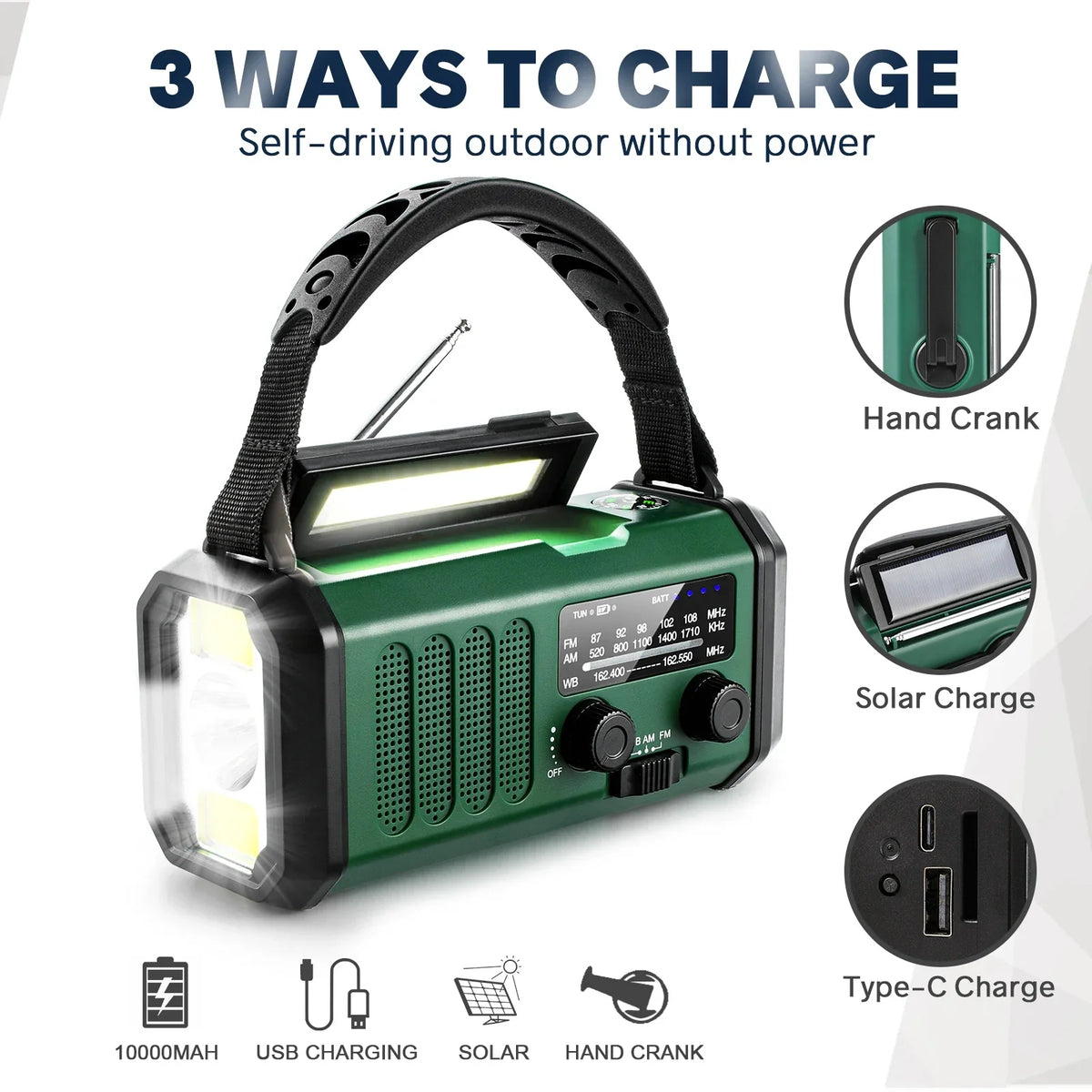 Portable Emergency Radio with Solar and Hand Crank Charging