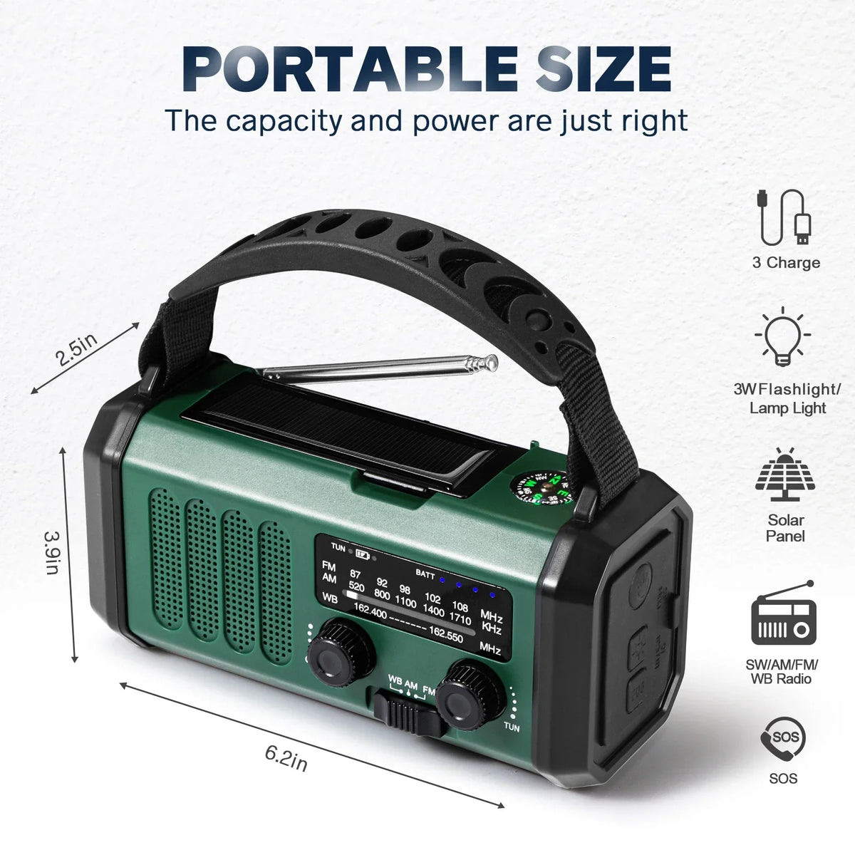 Portable Emergency Radio with Solar and Hand Crank Charging