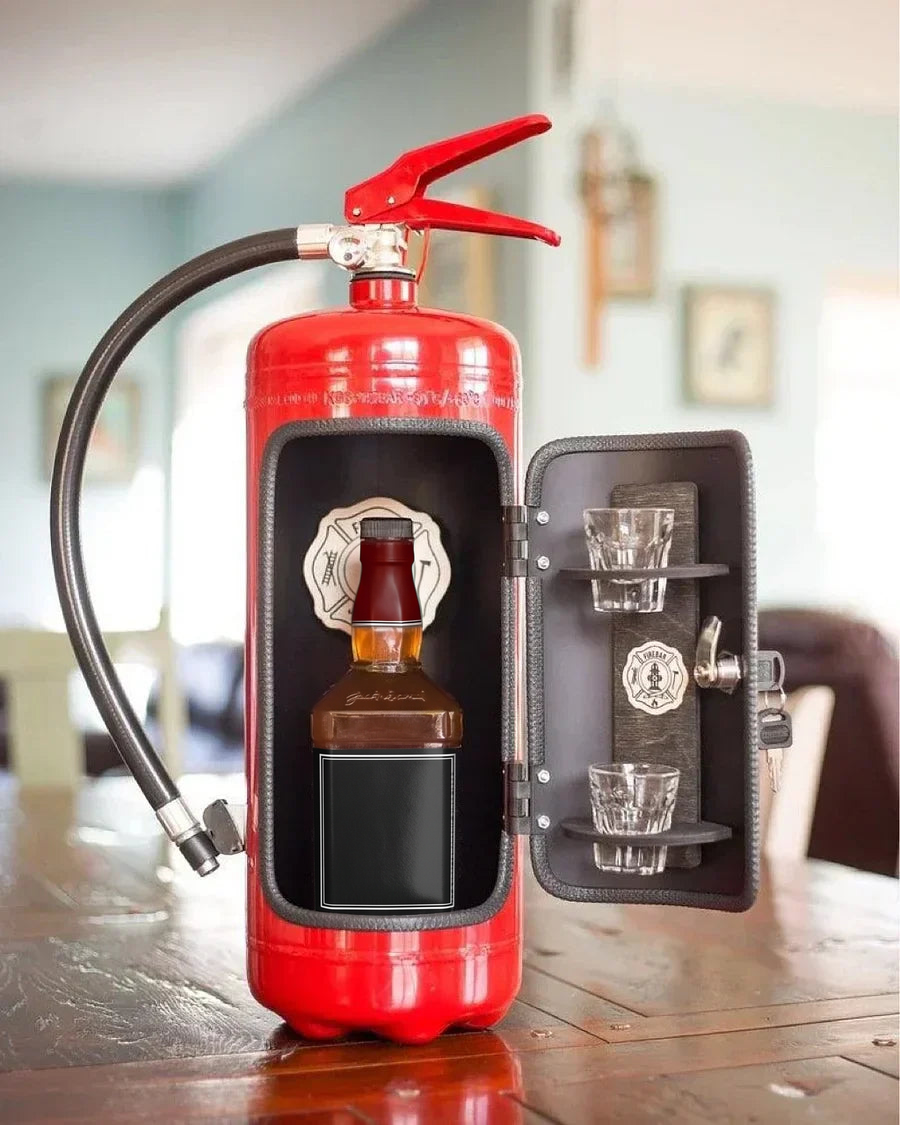 Fire extinguisher whisky storage on a dining table