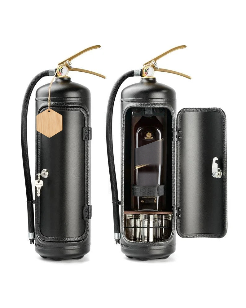 Black fire extinguisher mini bar closed and opened
