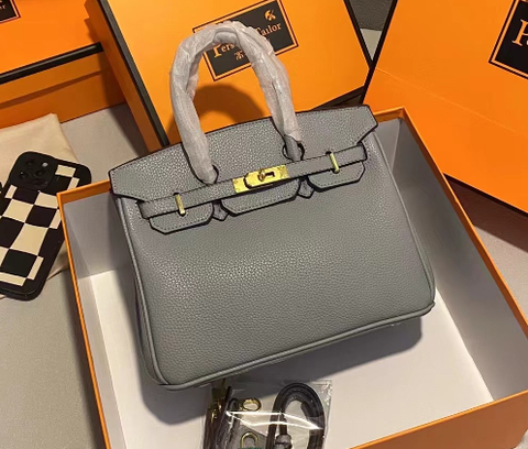 Leather Handbag with Gold Lock Hardware