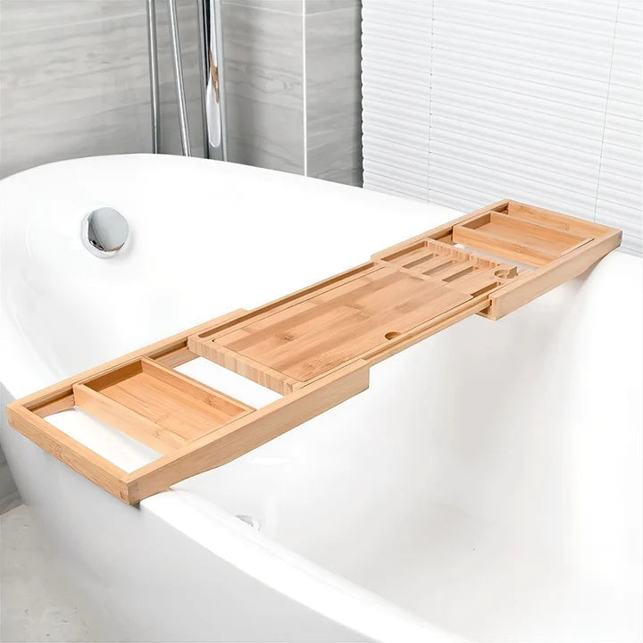 Expandable Bamboo Bath Tray with Non-slip Storage Rack
