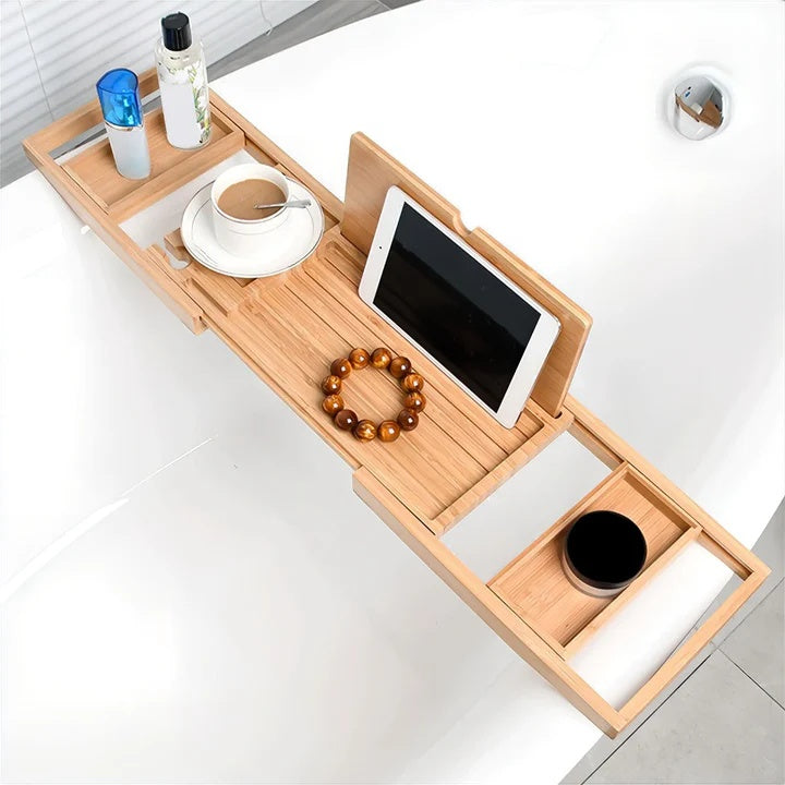Expandable Bamboo Bath Tray with Non-slip Storage Rack
