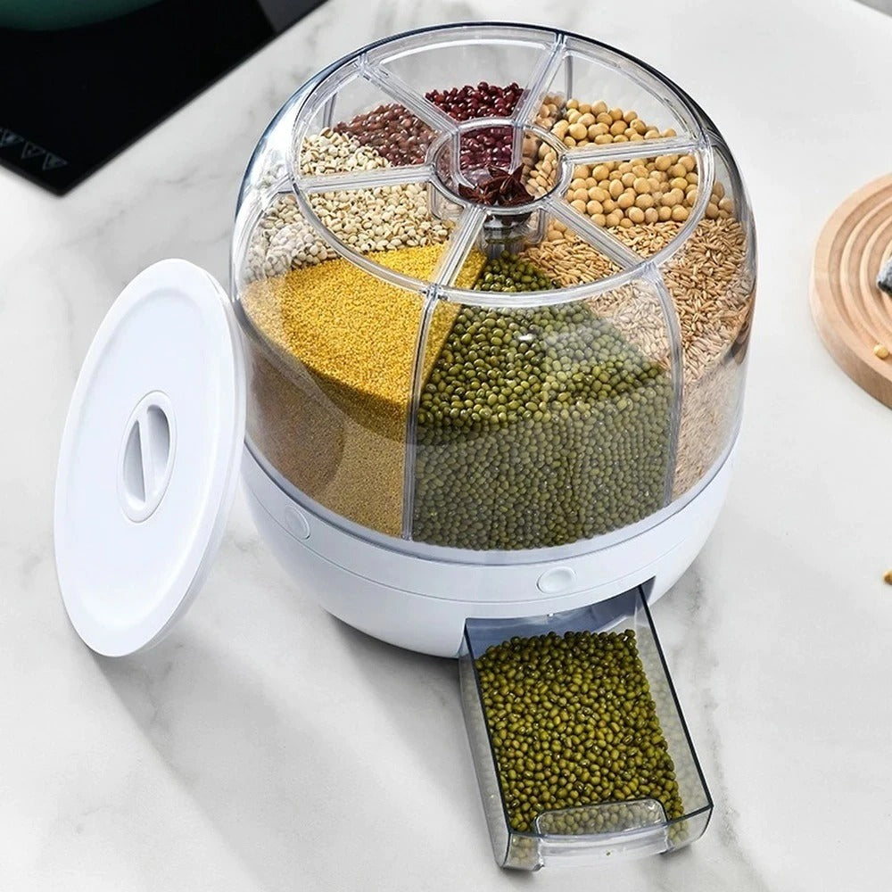 Rotating Grain Dispenser with Multi-Compartment Storage