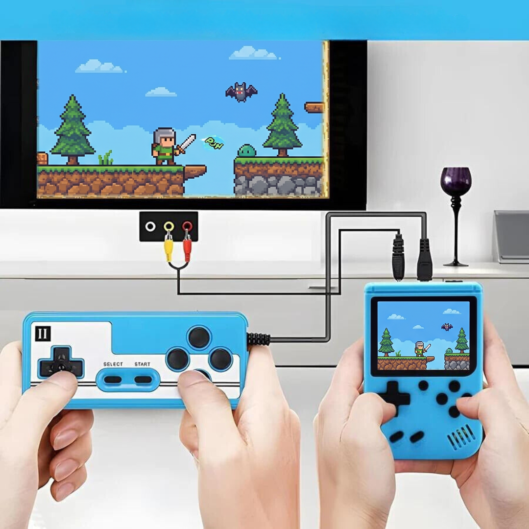 Retro handheld game console connected to a TV for two players