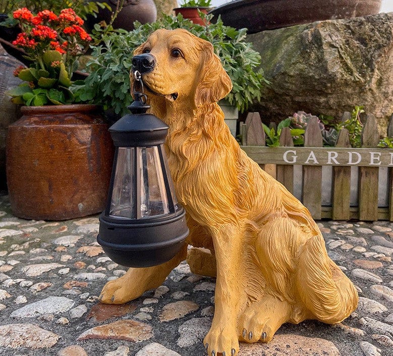 Solar Powered Garden Dog Statue with LED Light for Outdoor Decor