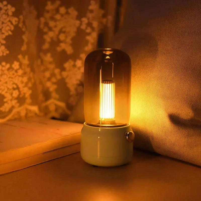 Vintage table lamp with warm light in a bedroom